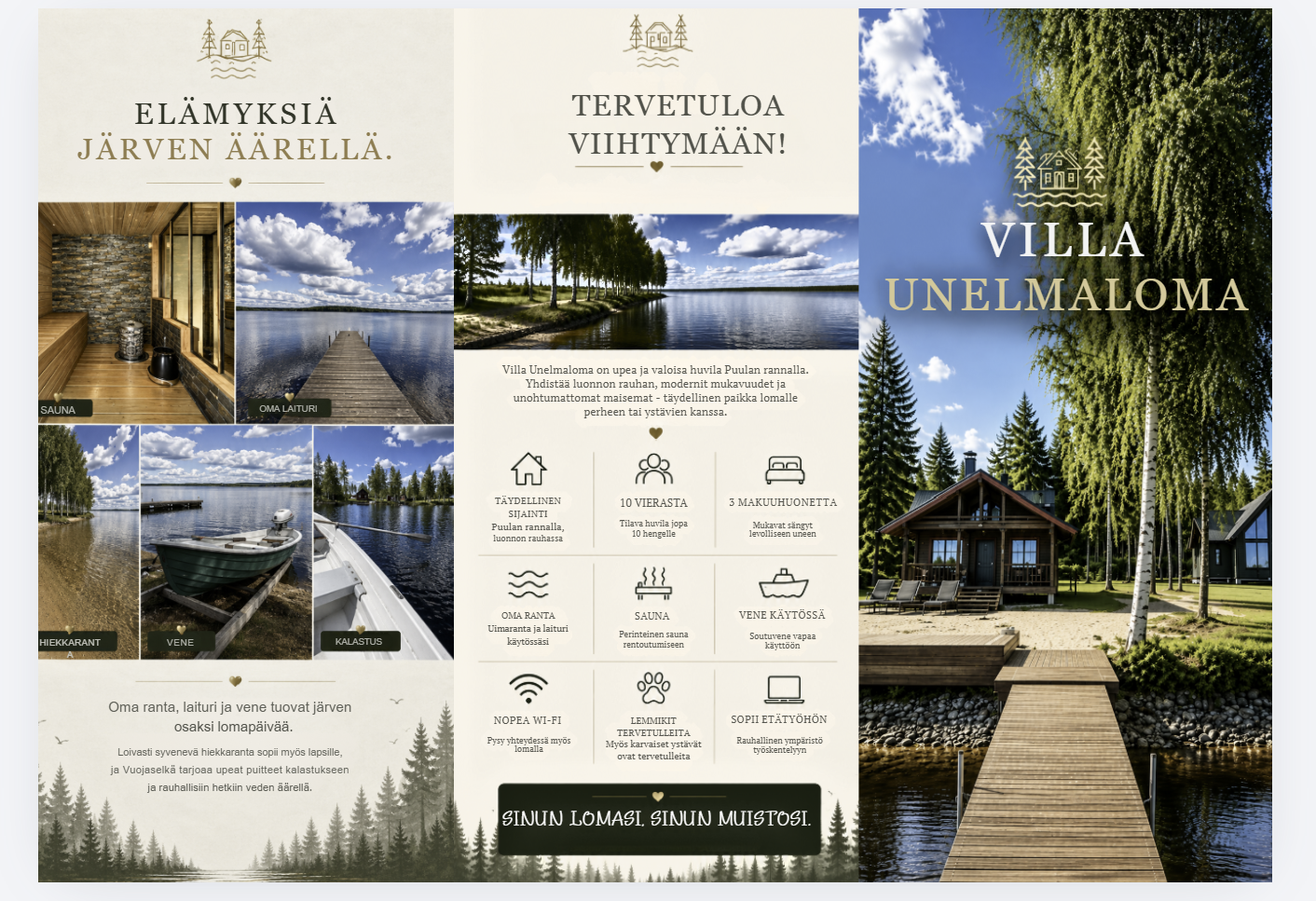 Villa Unelmaloman kuusisivuisen esitteen ensimmäinen puoli